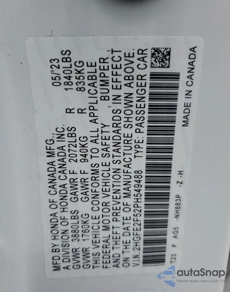 2023 Honda Civic Sport from USA, damaged, VIN 2HGFE2F52PH549488